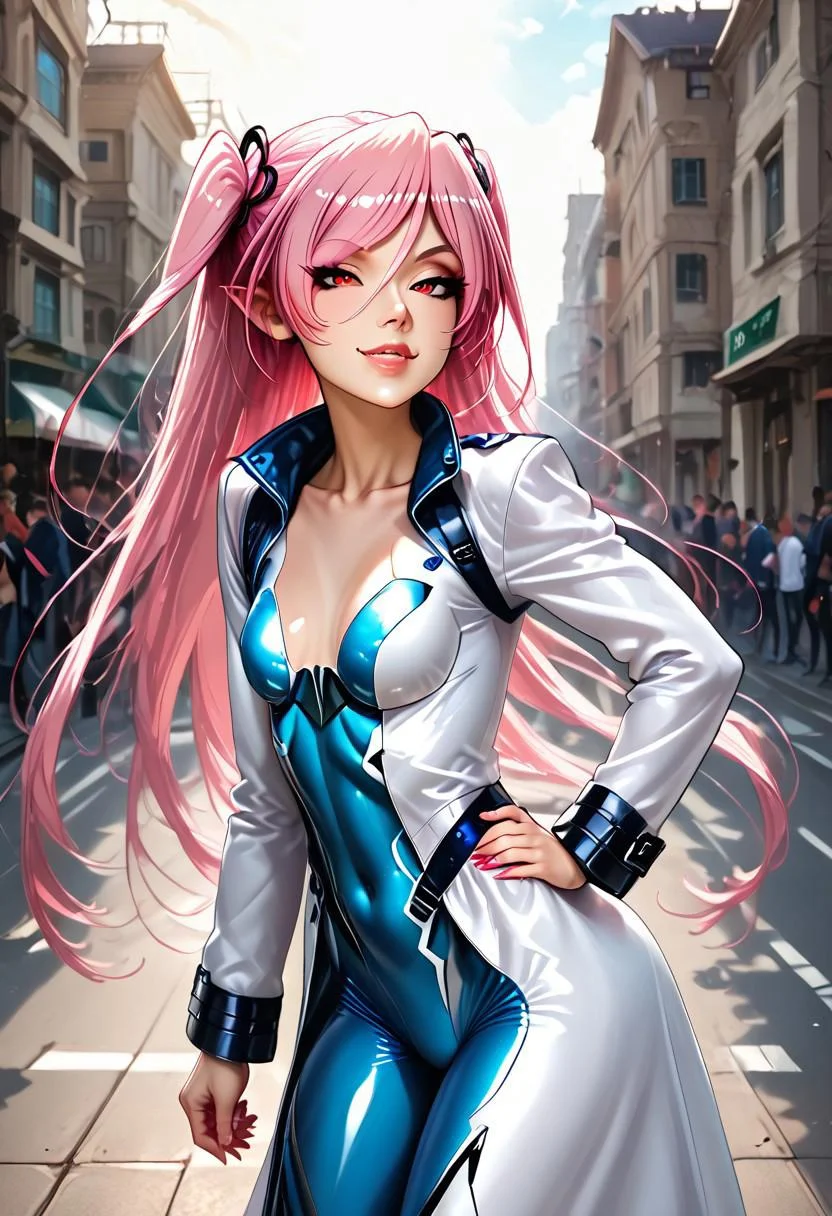 <lora:(felicia_taimanin)>, vampire fangs, long nails, flat chest, red eyes, pink hair, petite,
<outfit_set:(outfit_set_taimanin_bodysuit_and_coat)>, blue bodysuit, white coat,
<hair_style:(huge_long_twin_tails)>,
<view:(side_view)>,
<game_cg, ai_generated, score_9, score_8_up, score_7_up, score_6_up, masterpiece, best quality, newest, amazing quality, highres, intricate details, ultra-detailed, wind effect, hot illumination, clouds, walls, shadows, streets, photo background, detailed background, accurate wind effect, accurate shadows, accurate hands, translucent eyes>,
<looking at viewer, in front of viewer, hand open in front of mouth, hand closed on hip, standing, bent over, lips, mouth, closed teeth, wide mouth, smug face, sneer, curvy, half closed eyes>