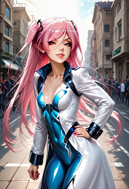 <lora:(felicia_taimanin)>, vampire fangs, long nails, flat chest, red eyes, pink hair, petite,
<outfit_set:(outfit_set_taimanin_bodysuit_and_coat)>, blue bodysuit, white coat,
<hair_style:(huge_long_twin_tails)>,
<view:(side_view)>,
<game_cg, ai_generated, score_9, score_8_up, score_7_up, score_6_up, masterpiece, best quality, newest, amazing quality, highres, intricate details, ultra-detailed, wind effect, hot illumination, clouds, walls, shadows, streets, photo background, detailed background, accurate wind effect, accurate shadows, accurate hands, translucent eyes>,
<looking at viewer, in front of viewer, hand open in front of mouth, hand closed on hip, standing, bent over, lips, mouth, closed teeth, wide mouth, smug face, sneer, curvy, half closed eyes>