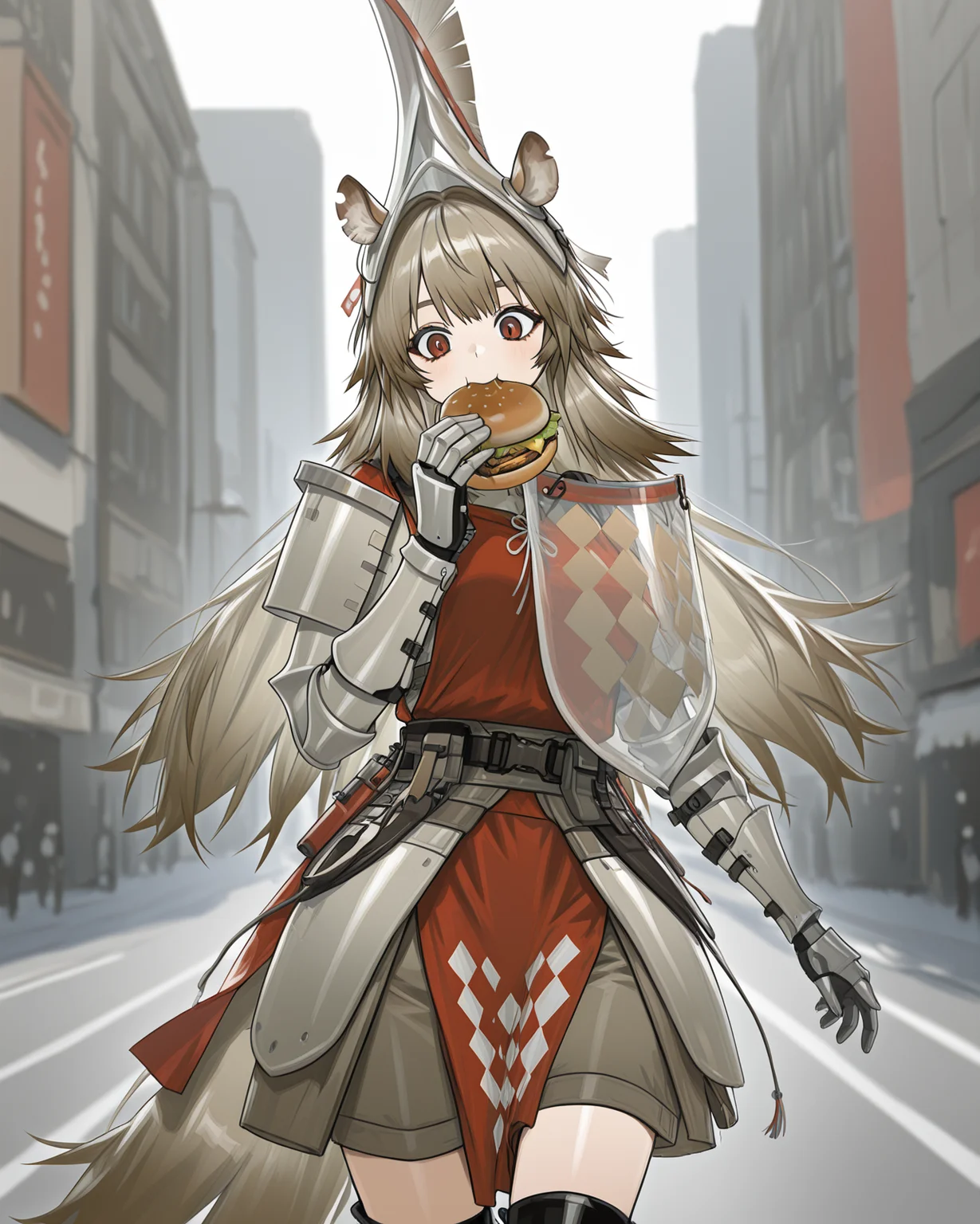 masterpiece, best quality, beautiful accurate depth-of-field, 1girl, solo, cowboy shot, cinematic, w1ldman3AK, WMAK helmet, WMAK Armor, WMAK gauntlets, WMAK boots, horse ears, horse ears, horse tail, tagged ear, perfect detailed red eyes, very-long hair, walking down a city road, holding a hamburger, eating