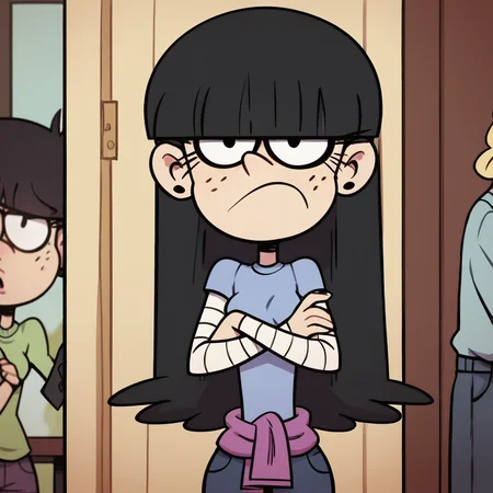 score_9, score_8_up, score_7_up, 1girl, Maggie, black hair, long hair, blunt bangs, black eyes, freckles, eyeliner, earrings, small breasts, narrow waist, wide hips, looking at viewer, crossed arms, angry, highres, high quality, masterpiece, <lora:Maggie:0.8>