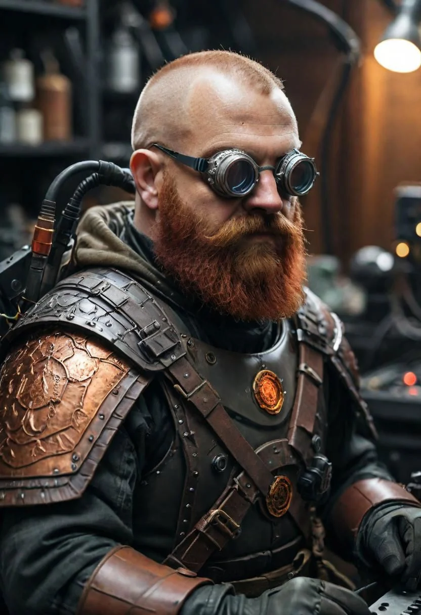Halfbody portrait of a {dwarf (round goggles glass:1.25) on shaved head, red beard, works on infrared (soldering station, dangling wires:1.125)}, trending on artstation, best quality, 4k textures, ultra detailed