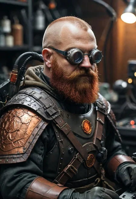 Halfbody portrait of a {dwarf (round goggles glass:1.25) on shaved head, red beard, works on infrared (soldering station, dangling wires:1.125)}, trending on artstation, best quality, 4k textures, ultra detailed