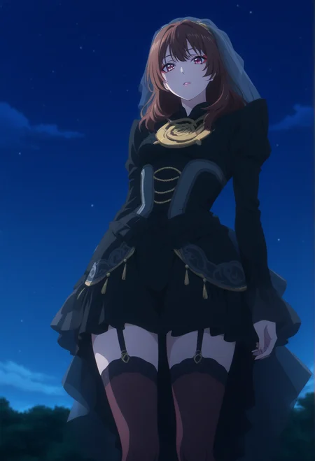 anime_screenshot, anime_coloring, solo, 1girl, gotchalachesis, makeup, beautiful eyes, long hair, brown hair, eyeliner, veil, black dress, stockings, looking at viewer, outside, night, sky, low angle,