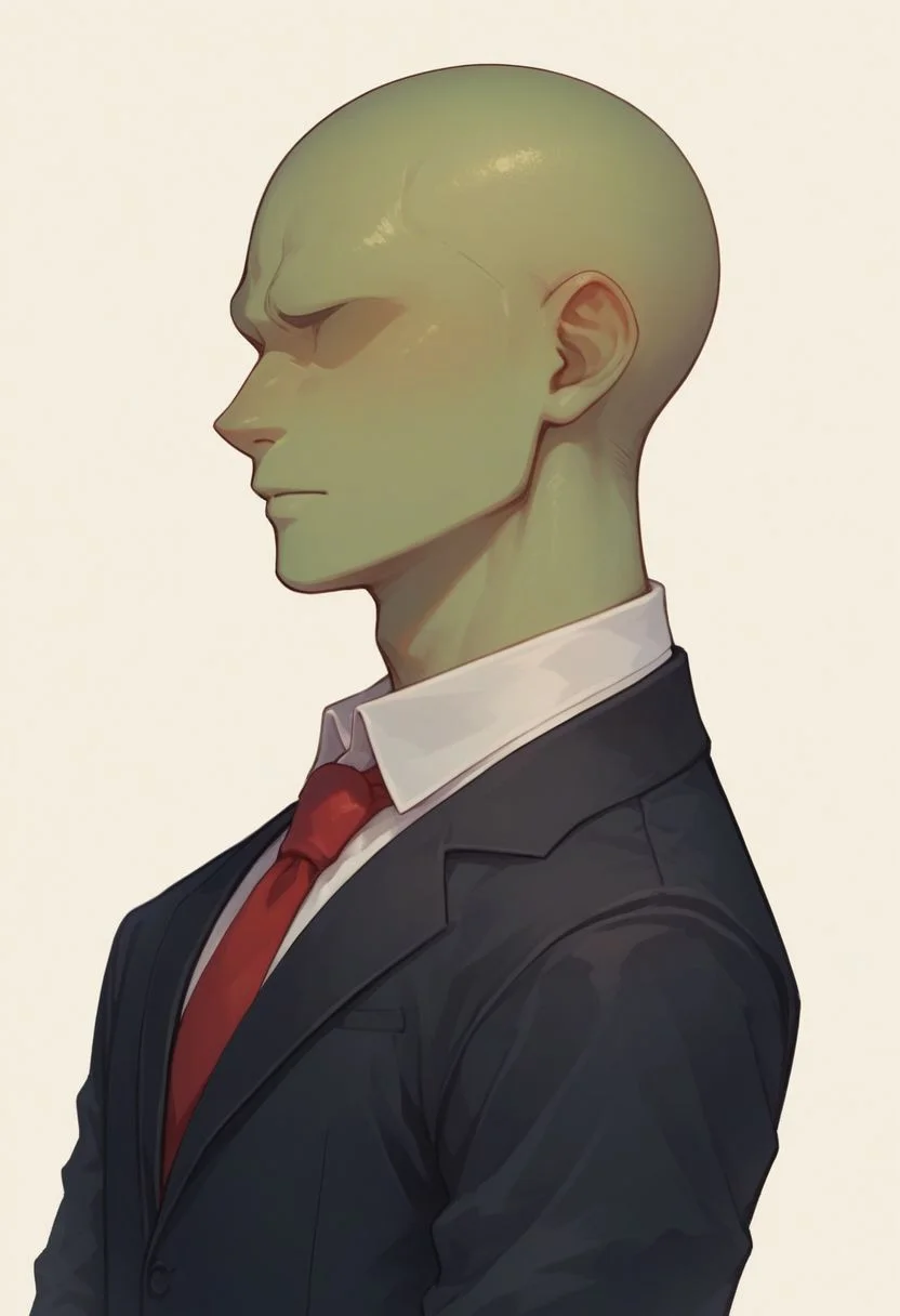 score_9, score_8_up, score_8,
1boy, solo, green skin, no eyes, no eyebrows, bald, black business suit, white under shirt, red tie, black suit pants, average body, close up, portrait shot, white background
