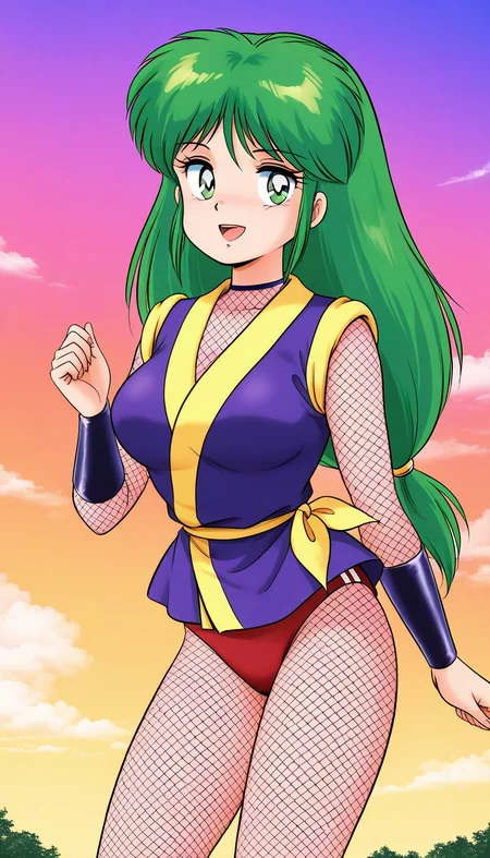 general,highres, game cg, ultra-detailed,very aesthetic,best quality ,best hands, BREAK
<lora:Yae_bonbon_IS:1>Yae_bonbon, solo, long hair, light green hair, green eyes, large breasts, bangs,
fishnets, 1girl, open mouth, pantyhose, leotard, ninja, solo, low-tied long hair, japanese clothes, red buruma,
fishnet bodysuit, smile,looking at viewer, cowboy_Shot,
outdoor, sky, 1980s \(style\), retro artstyle,