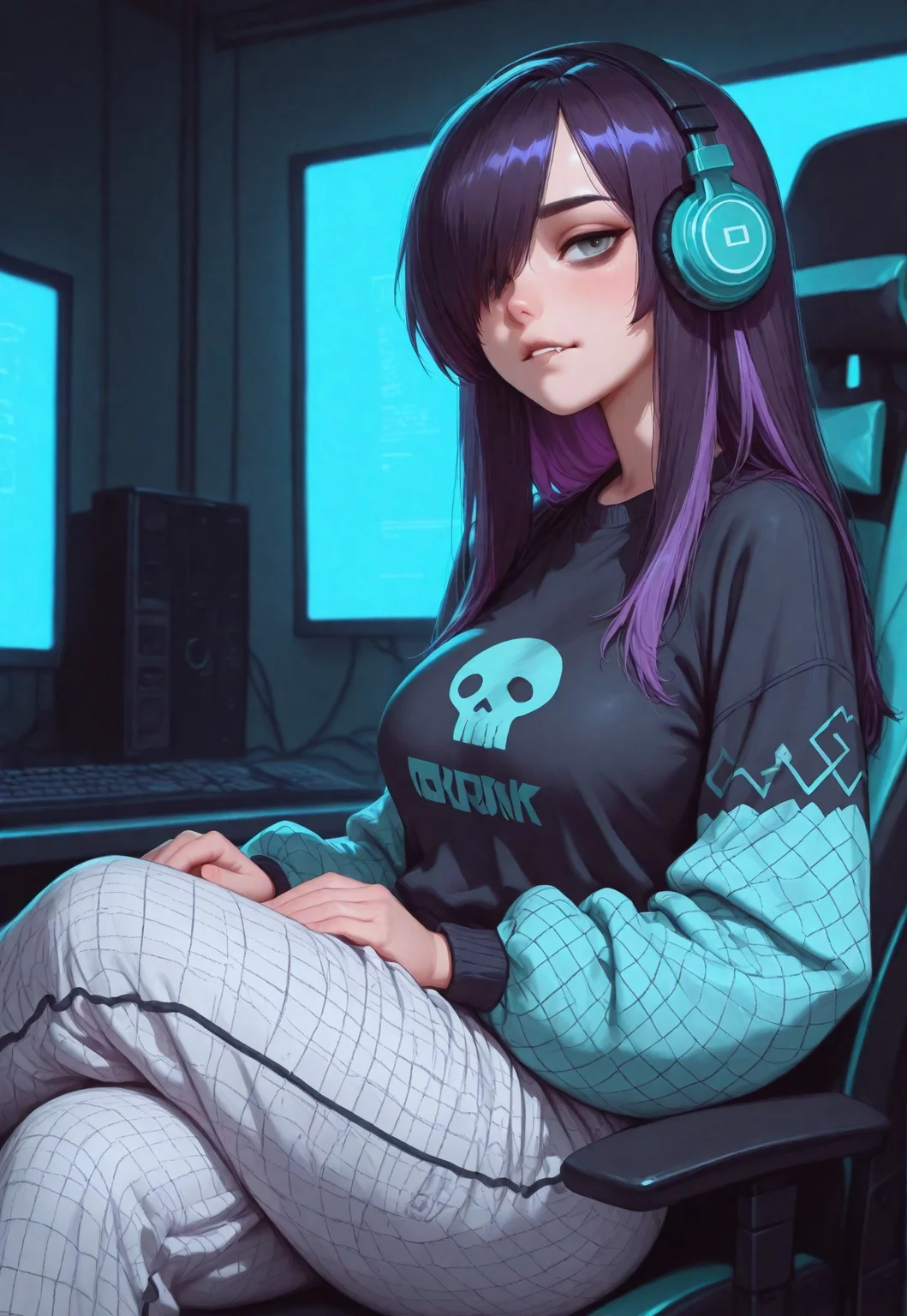 masterpiece, best quality, amazing quality, very aesthetic, absurdres, newest, realistic, detailed, artist:moriimee,
BREAK,
1girl, short purple hair, black tips, multicolored hair, loving gaze, looking at viewer, oil painting, portrait, bangs, hair over one eye, bags under eyes, medium breasts, black lips, gray eyes, biting lip, white pajama pants, baggy pants, crossed legs, sitting, gaming chair, working on computer, typing, focused, covered, dark blue cardigan, headphones,
BREAK,
vibrant colors, white outline glow, chromatic aberration, backlighting, red and blue background theme, indoors, computers, net bar, futuristic, cinematic lighting, detailed lighting, dynamic lighting, detailed background, sharp background