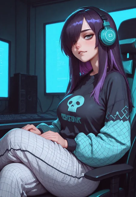 masterpiece, best quality, amazing quality, very aesthetic, absurdres, newest, realistic, detailed, artist:moriimee,
BREAK,
1girl, short purple hair, black tips, multicolored hair, loving gaze, looking at viewer, oil painting, portrait, bangs, hair over one eye, bags under eyes, medium breasts, black lips, gray eyes, biting lip, white pajama pants, baggy pants, crossed legs, sitting, gaming chair, working on computer, typing, focused, covered, dark blue cardigan, headphones,
BREAK,
vibrant colors, white outline glow, chromatic aberration, backlighting, red and blue background theme, indoors, computers, net bar, futuristic, cinematic lighting, detailed lighting, dynamic lighting, detailed background, sharp background
