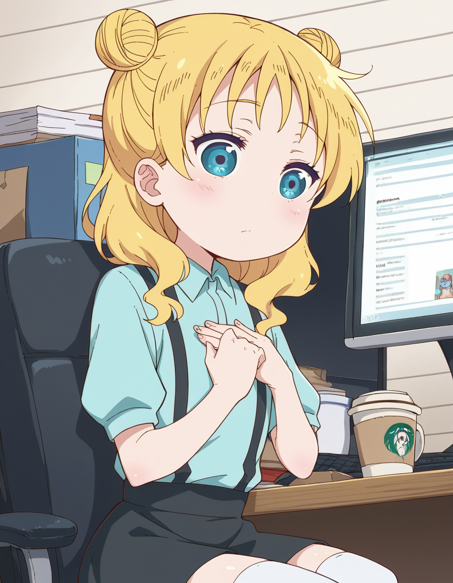 score_9, score_8_up, score_7_up, source_anime, <lora:dragon-chloe-s2-ponyxl-lora-nochekaiser:1>, chloe, blue eyes, blonde hair, hair bun, double bun, child, female child,, skirt, shirt, thighhighs, collared shirt, suspenders, blue shirt,, home office, working from home, computer screen, coffee cup, focus, deadline, , , hands on own chest,, solo,, dutch angle,