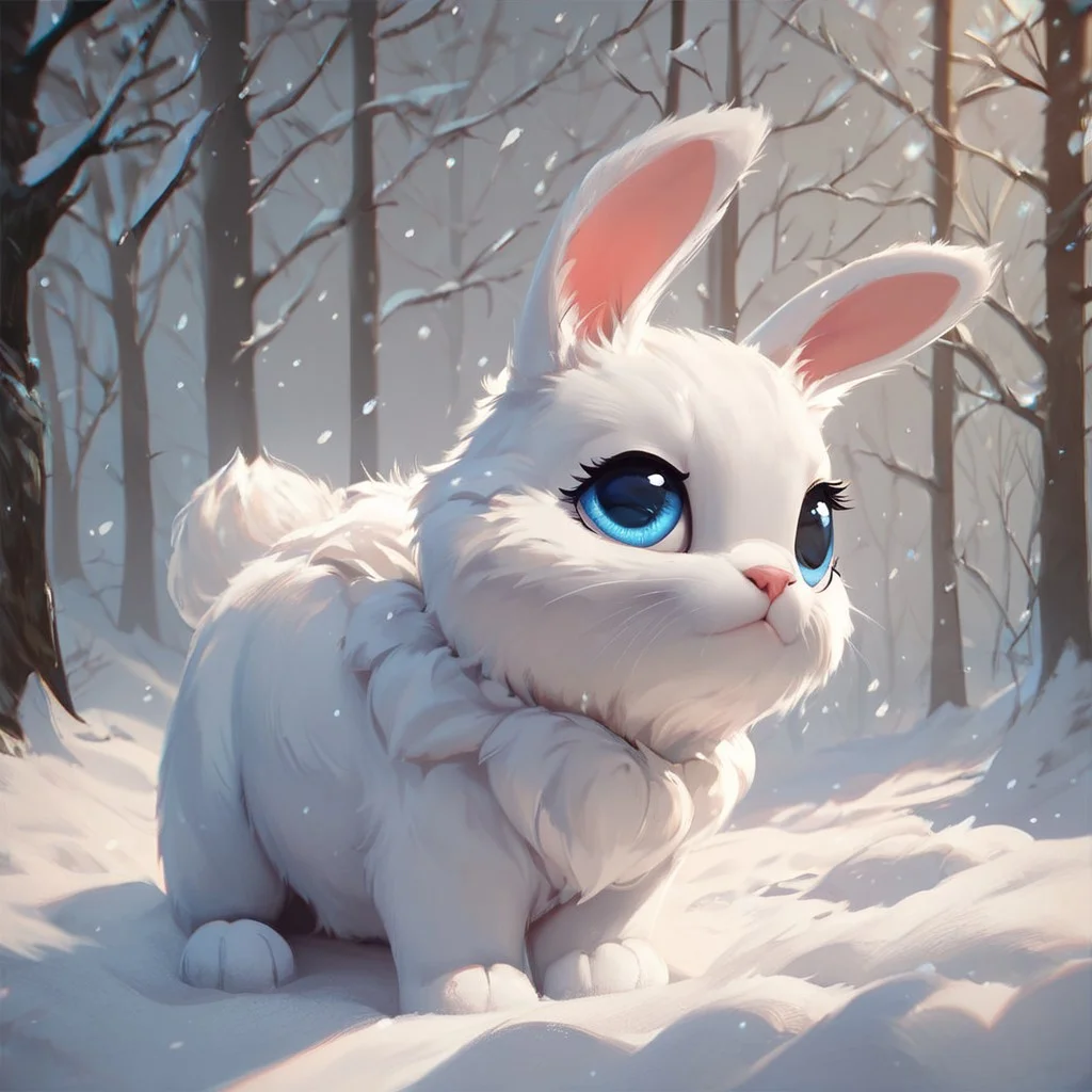 score_9, score_8, score_7, (masterpiece), best quality, expressive eyes, perfect face, fl00ffymadn3ss, (bunny, feral bunny), white fur, baby blue eyes, female, (snow, blizzard),