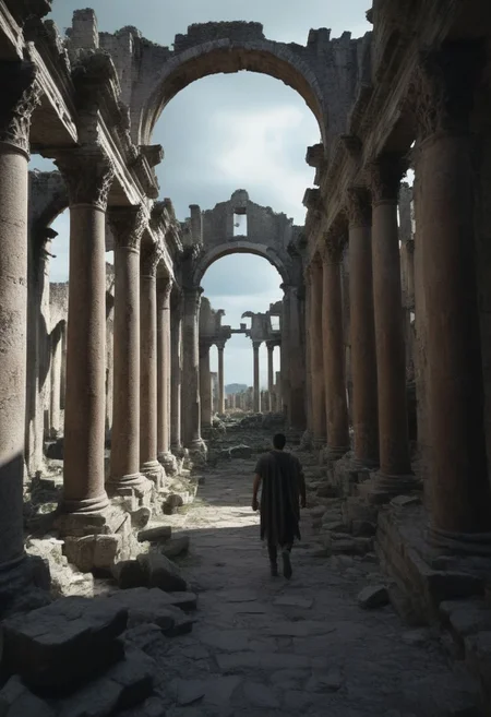 man walking through the ruins, 8K, realistic, masterpiece,