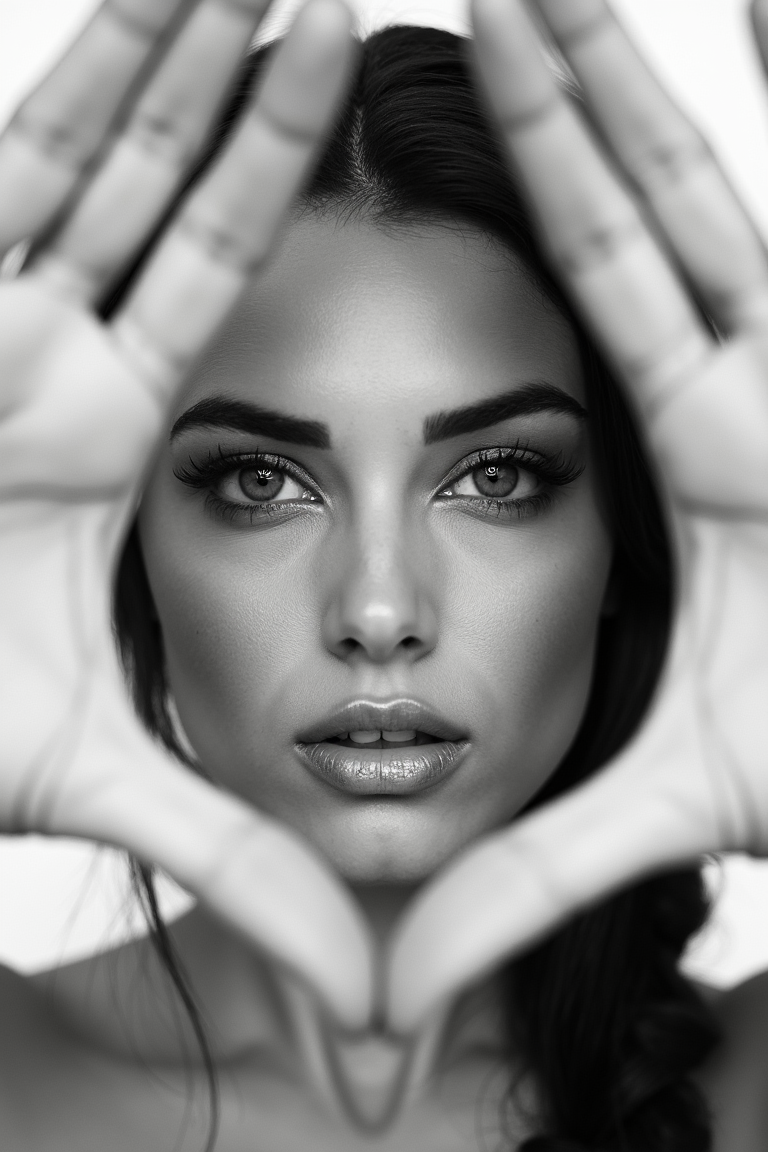 Foreground: a woman's hands framing her face, rendered with visible lines. Middle ground: her face, with an intense, direct gaze and subtly colored lips. Background: a stark, untextured white space. The woman's face and gaze are the central focus, captured in a high-fashion, black and white photographic style with sharp focus and strong contrast.
