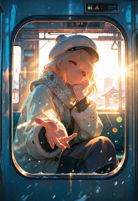 best quality, amazing quality masterpiece, very aesthetic, absurdres, newest, cinematic lighting, backlit, backlighting, soft colors, 1girl,reaching out hand,solo,snowy day, scarf, hat, flying snow,,fish eye angle[sitting], (((straight on))) (leaning against glass), sunbeam, sunlight, lens flare, train interior, Chinese cityscape