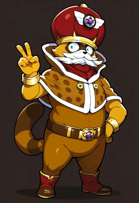 Score 9, score 8, score 7, 1boy, solo, Dodon-pa, mustache, tanuki, tail, round velvet cap, crown, jewelry, emblem on crown, simple background, masterpiece, dynamic pose, hand on hip, v,