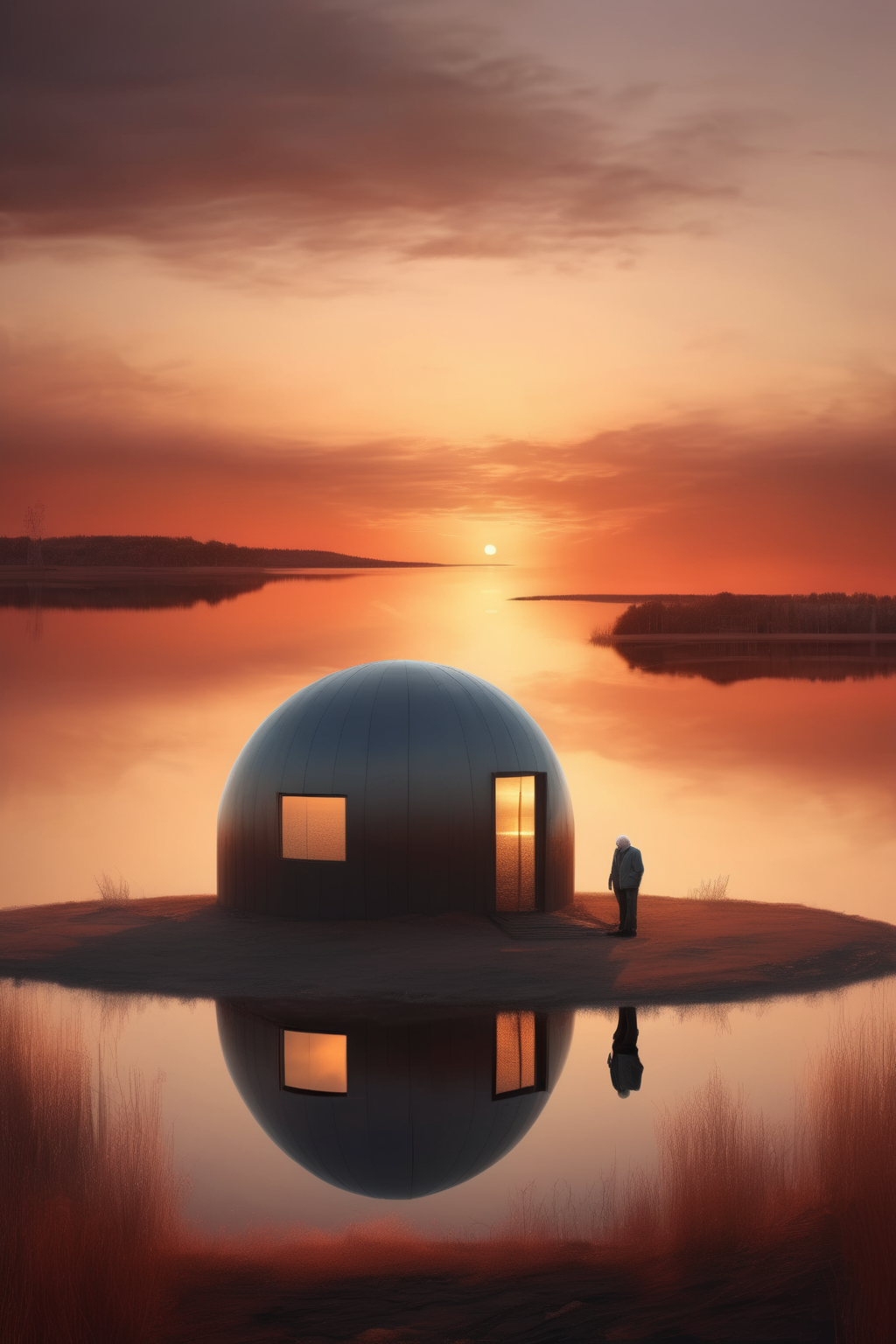 <lora:Erik Johansson Style:1>Erik Johansson Style - At sunset, on the surface of Lake Belga, there is a small building with a semi circular sphere. There is an elderly person standing on the surface of the lake, with a strong sense of realism and a realistic style. It is as realistic as a photo, with a sense of atmosphere and story
