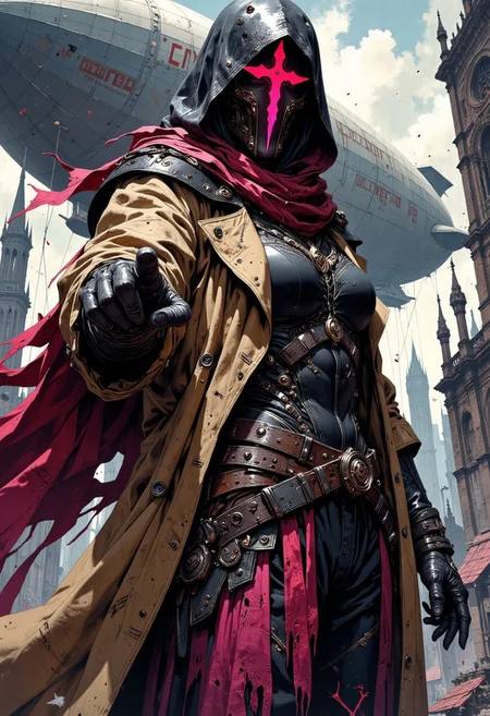 hand reaching beyond the view, fierce and enigmatic dark fantasy character clad in a sleek black helmet with a glowing crimson visor carved in the shape of a jagged 'T,' radiating a menacing yet alluring energy. Her tan trench coat has been transformed into a weathered, high-collared cloak adorned with arcane runes faintly glowing in scarlet, swirling with an otherworldly shimmer. Beneath it, a fitted black bodice with silver filigree and dark magenta battle-worn trousers, accented with pulsating veins of pink light, hint at a blend of mysticism and technology. A tattered, blood red scarf wraps loosely around her neck, fluttering in the wind as though alive.
Her stance is powerful and commanding, one gloved hand reaching forward, her fingers surrounded by faint wisps of dark, smoky magic. church ruins backdrop: Behind her looms huge zeppelin that casts shadow over the whole scene,
