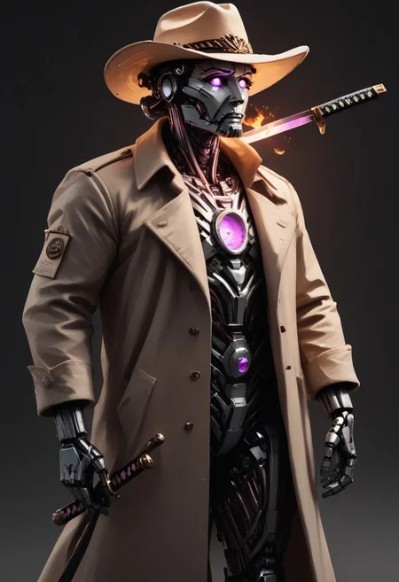 Highly detailed dark cinematic scene.
score_9, score_8_up, score_7_up, score_6_up, score_5_up, score_4_up, realistic, concept art , 1man, solo, post apocalypse outfit, purple cape blowing in the wind, cowboy hat, robot arm, trench coat, mechanical mask, purple glowing chest, glowing eyes, holding katana,
The atmosphere is dark yet magical, blending eerie stillness with melancholy. Bright colors and cozy highlights contrast the shadowy backdrop lined with amethysts. asdfm3cha
WORLD MORPH MATCHES, FIRE, monochrome, glow, neon, asdfm3cha