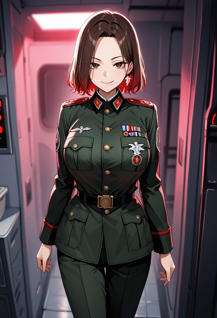 masterpiece, best quality, good quality, very aesthetic, absurdres, newest, 8K, depth of field,  
1girl,kyouko_fujibayashi, short brown hair, brown eyes, mole under mouth, large breasts, military uniform, red accents, standing in command room, confident smirk, looking at viewer, from front
BREAK
military base, white consoles, screens glowing
BREAK
anime style, vibrant colors, high contrast, dynamic light, sharp outlines, rich details