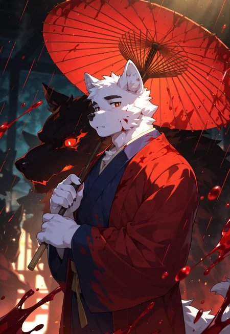 high quality style,4K high resolution,Super Fine Painting,Professional Lighting,vivid color,boils depth of field,1 Boy,single,Male Furry,Wolf,Wolf male, short hair,white fur,(red eyes),((pupils)),Big Red Robe ,robe,Half Body,Depressed Body,five fingers,Wolf claws,Holding a big red paper umbrella,Blood Rain,thick blood flowing down arms,Blood splashed on clothes,blood-colored light,dim light and shadow,Oblique view,Zixiong,
there is a figure with red eyes behind
