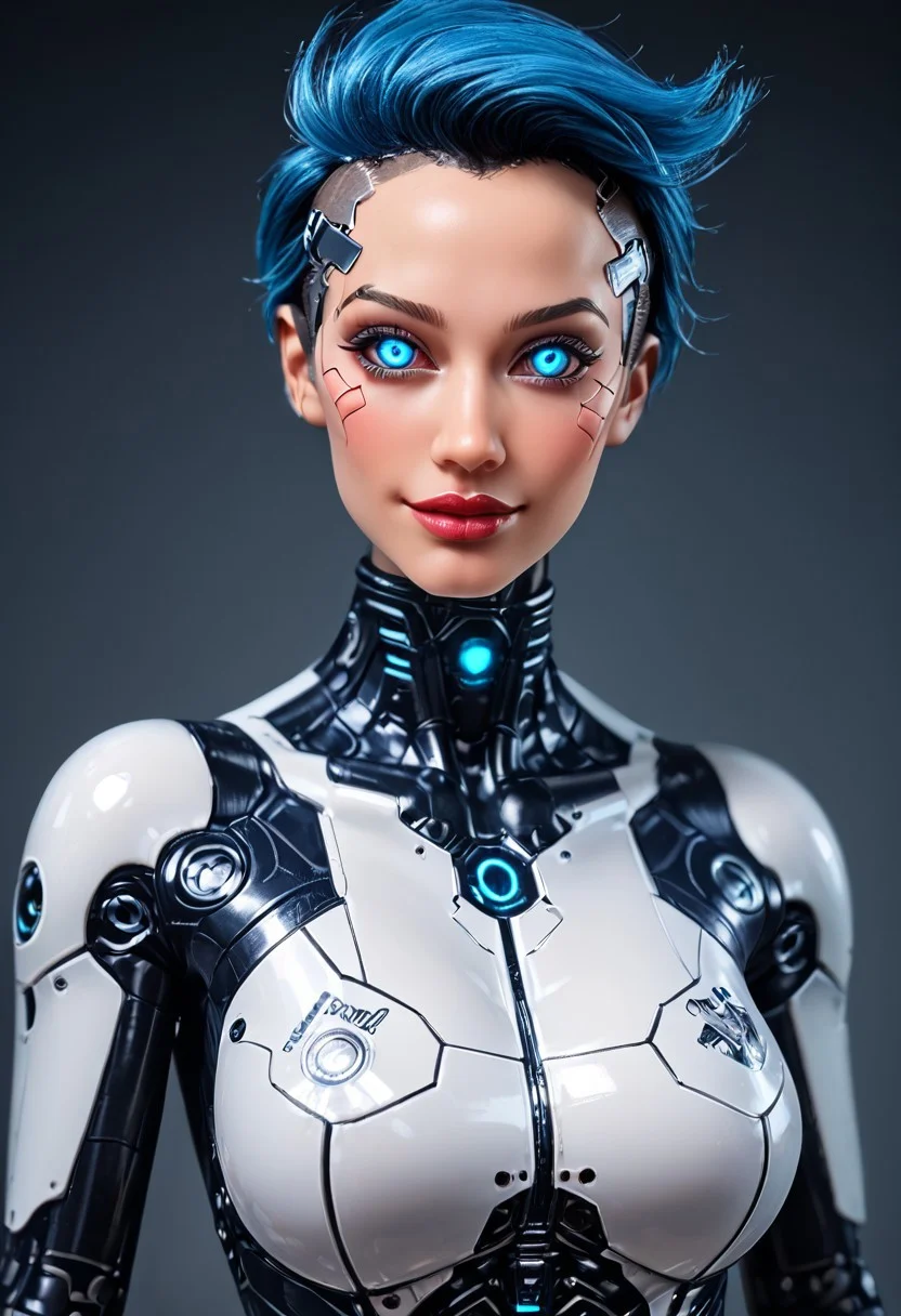 score_9, score_8_up, score_7_up, Raw Photo, Portrait, cute android girl, black android, glossy blue, seductive, innocent, light smile:0.3, plump lips, artificial silicone face, slender body, wearing pink science fiction clothes, hands, breathtaking grandeur, LED internal lighting, cyberpunk style, blue wig, large glowing blue glass eyes, cyborg, full moon, dystopian futuristic city background, depth of field, dynamic angle, photo realistic:1.4, realistic skin:1.4, fashion photography, sharp, analog film grain, hyperdetailed:1.15
cyborg bodysuit,science fiction, Robot Girl, Robogirl
silicone,s3xd0ll,large breasts,looking at viewer,blue eyes