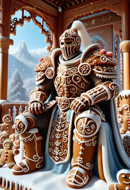 GBKnight, masterpiece, best quality, stunning detail, highly aesthetic, absurdres, (a skeleton, full gingerbread armor, armored, gingerbread shoulder armor), (armor made of gingerbread, snow on armor, gingerbread cape:1.15), sitting on throne, crossed leg, hand on own chin, mystical glowing eyes, dappled_sunlight, glowing eyes, glowing mouth, indoors, east asian architecture, falling petals, falling snow, above clouds, set in the ancient china, in a secluded temple, covered in snow, hidden in the mountains, with winding paths, stunning views,