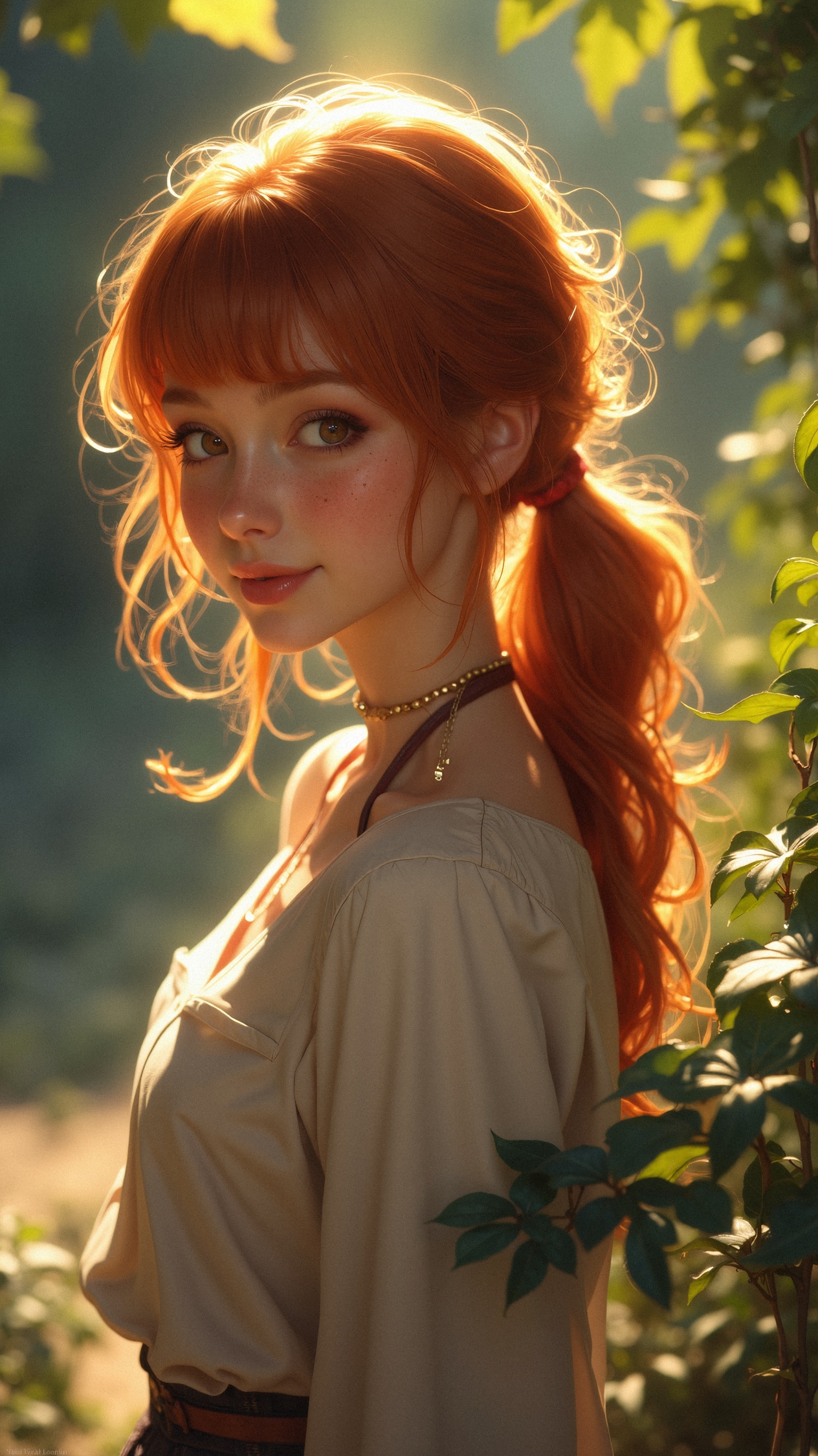 hyper-realisitic, hyper-detailed,  RAW photo, detailed lighting, midjourney_whisper_innocent_eyes A cheerful young woman with soft red hair tied in a loose ponytail smiles gently at the viewer. She stands under dappled sunlight that plays across her skin, highlighting her delicate freckles and collarbone. Her wavy hair frames her face, and she wears a simple outfit — plain pants and a subtle, stylish top. Around her neck is a small necklace, catching the light. The background fades into a gentle blur, with a soft foreground bokeh that enhances the depth. Intricate patterns subtly emerge in the fabric of her clothes, adding quiet elegance. Natural, warm, realistic atmosphere, masterpiece quality.          <lora:MoriiMee_Gothic_Niji_Style_FLUX:0.6000000000000001> <lora:realism_lora_comfy_flux_converted:0.45000000000000007>