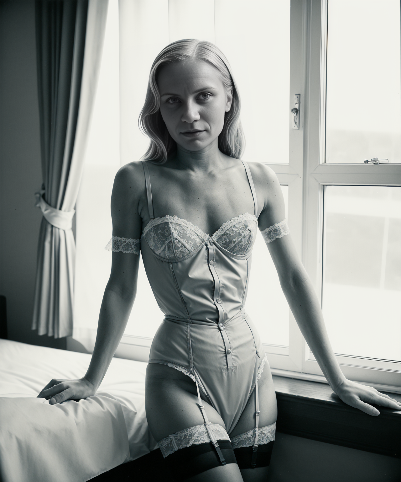 1940's photograph of  jp-SvetaF wearing vintage lingerie tructured corselette in pale blue, attached garters, seamless silk stockings. Shot on a Rolleiflex 2.8F with Verichrome Pan film