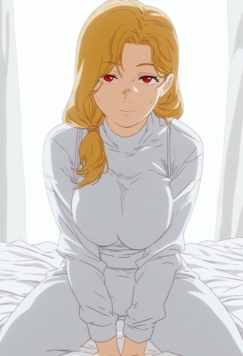 flatshinyskin, score_9, score_8_up, score_7_up , trisha elric, MILF, Plumb, Middle aged women, wrinkle line under eye
(prBl, 1girl, solo, long hair, side ponytail, blonde whitish  hair, red eyes)) , MANGASTYLE,Sitting, on knees, seductive pose, breasts, solo, 1girl, looking at viewer, front focus, , front view, kneeling, spread legs, saggy off centered teardrop breasts, body suit, yellow body suit, skin tight body suit, facing viewer, kneeling down, black bra, bra straps