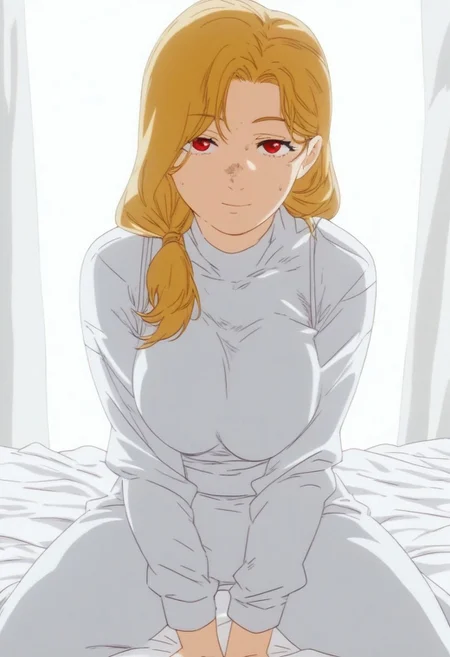flatshinyskin, score_9, score_8_up, score_7_up , trisha elric, MILF, Plumb, Middle aged women, wrinkle line under eye
(prBl, 1girl, solo, long hair, side ponytail, blonde whitish hair, red eyes)) , MANGASTYLE,Sitting, on knees, seductive pose, breasts, solo, 1girl, looking at viewer, front focus, , front view, kneeling, spread legs, saggy off centered teardrop breasts, body suit, yellow body suit, skin tight body suit, facing viewer, kneeling down, black bra, bra straps