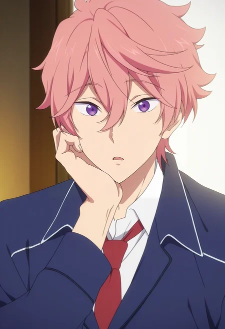 masterpiece, best quality, , anime screencap, anime coloring, official style, looking at viewer, 1boy, solo, male focus, <lora:kisumi_shigino_ilxl:0.92>, kisumi_shigino, pink hair, purple eyes, hair between eyes, white shirt, collared jacket, red necktie, hand on cheek, tilted head, confused expression, casual pose, soft ambient light,