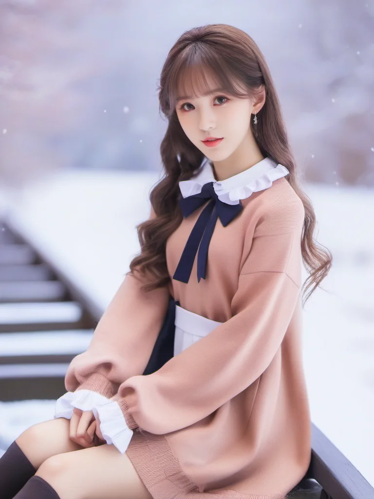 masterpiece, best quality, girl, long hair, looking at viewer, brown cardigan , frilled socks, hair_bow, bowtie, in winter, blush, sweater dress, ,<lora:sl_sila:0.8>