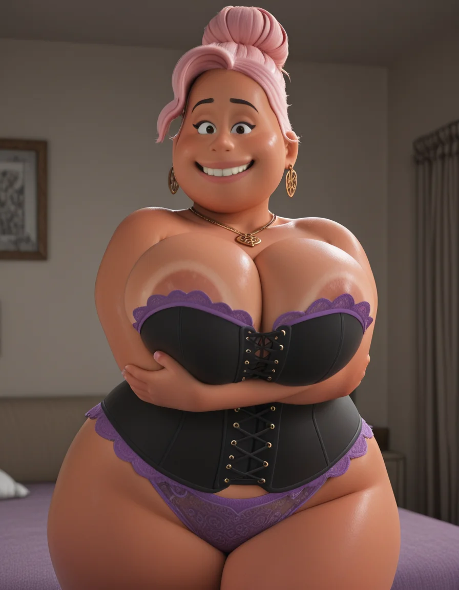 pink hair, hair bun, tan skin, 3d, female, 1girl, plump, chubby, voluptuous, huge hips, big breasts, thick thighs,
corset, panties, purple lace trim, black corset, necklace, areola slip, arms under breasts, smile,