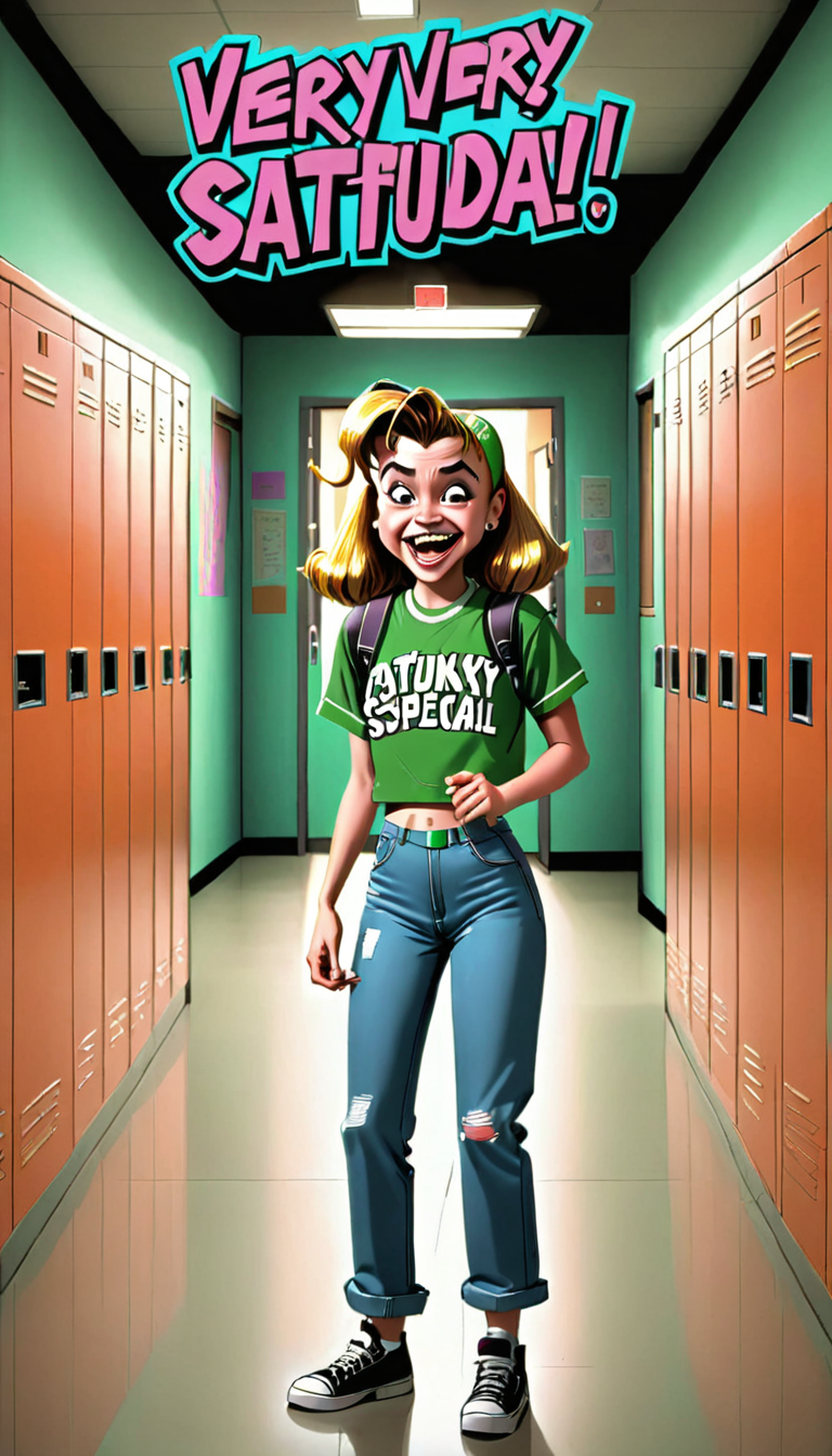 <lora:Everly Heights TaleSpinner:1> 1990s cheap Saturday Morning Cartoon of a high school hallway, with lockers, fluorescent lighting, and students in period-appropriate attire laughing at a girl as she spits out her soda, cinematic composition. The title on the the top the image says "VERY SPECIAL" in funky 1990s text.