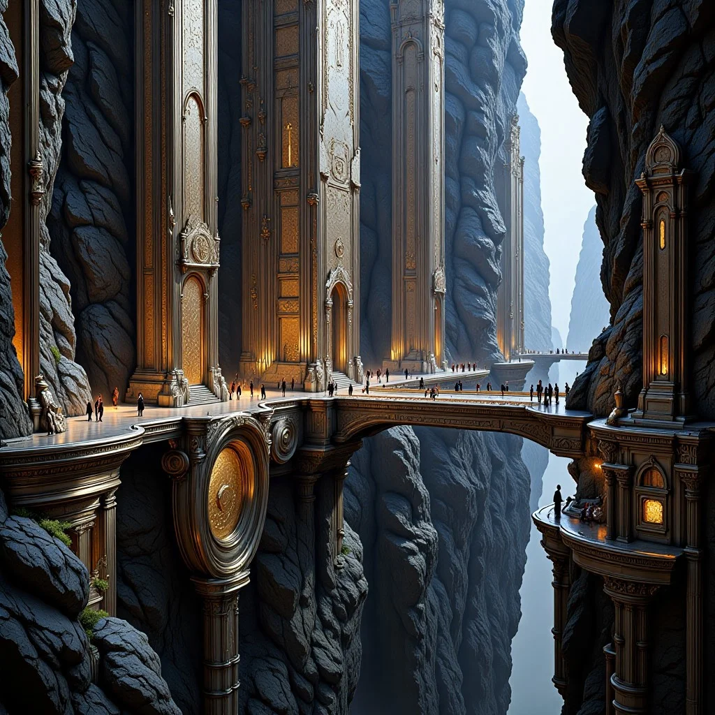 A blocky city on the edge of a cliff, futuristic detail, glass, mosaic, light, griphons, high detail, ambient lighting,