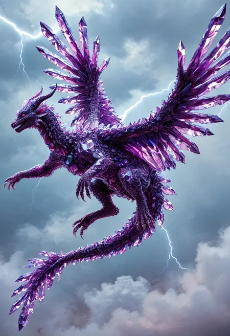 Score_9, score_8_up, score_7_up, hyperrealistic photograph, absurdres, highly detailed, a dragon made of sparkling amethyst crystals, chinese style dragon, soaring over roiling seas, foamy seas, stormy skies, lightning striking in the background,