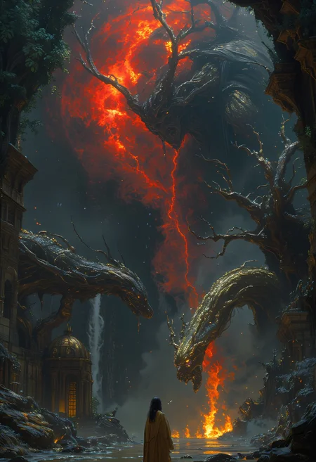 A desolate, haunted landscape dominated by a blood-red moon with gnarled arms reaching from its surface, casting eerie shadows. Below, a fire minotaur blazes, its form (disintegrating and dissolving into fog and smoke:1.9), (blending form with reality:1.9), merging into swirling mist and scattering smoke that engulfs the scene. Amid the chaos, a majestic emerald-green serpent-like dragon with shimmering scales and glowing golden eyes coils gracefully through cascading waterfalls and jagged cliffs, its presence serene yet commanding. A lone figure in a golden robe stands by a reflective stream, caught between the dissolving minotaur's fiery chaos and the dragon's mystical calm. Twisted, skeletal trees frame the scene, their claw-like branches stretching in anguish, while the decrepit silhouette of an old house looms in the fog. Volumetric lighting highlights drifting mist, cracked light, and scattering smoke, blending vibrant realism with an eerie, dreamlike atmosphere