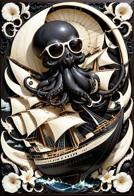 embedding:lazympos, ebony and scrimshaw carving of an octopus wearing sunglasses holding on to a sailship <lora:Challenge_Winnifier_2025-04:0> <lora:Ebony_and_Ivory_Scrimshaw_style_-_SDXL_TA:1>