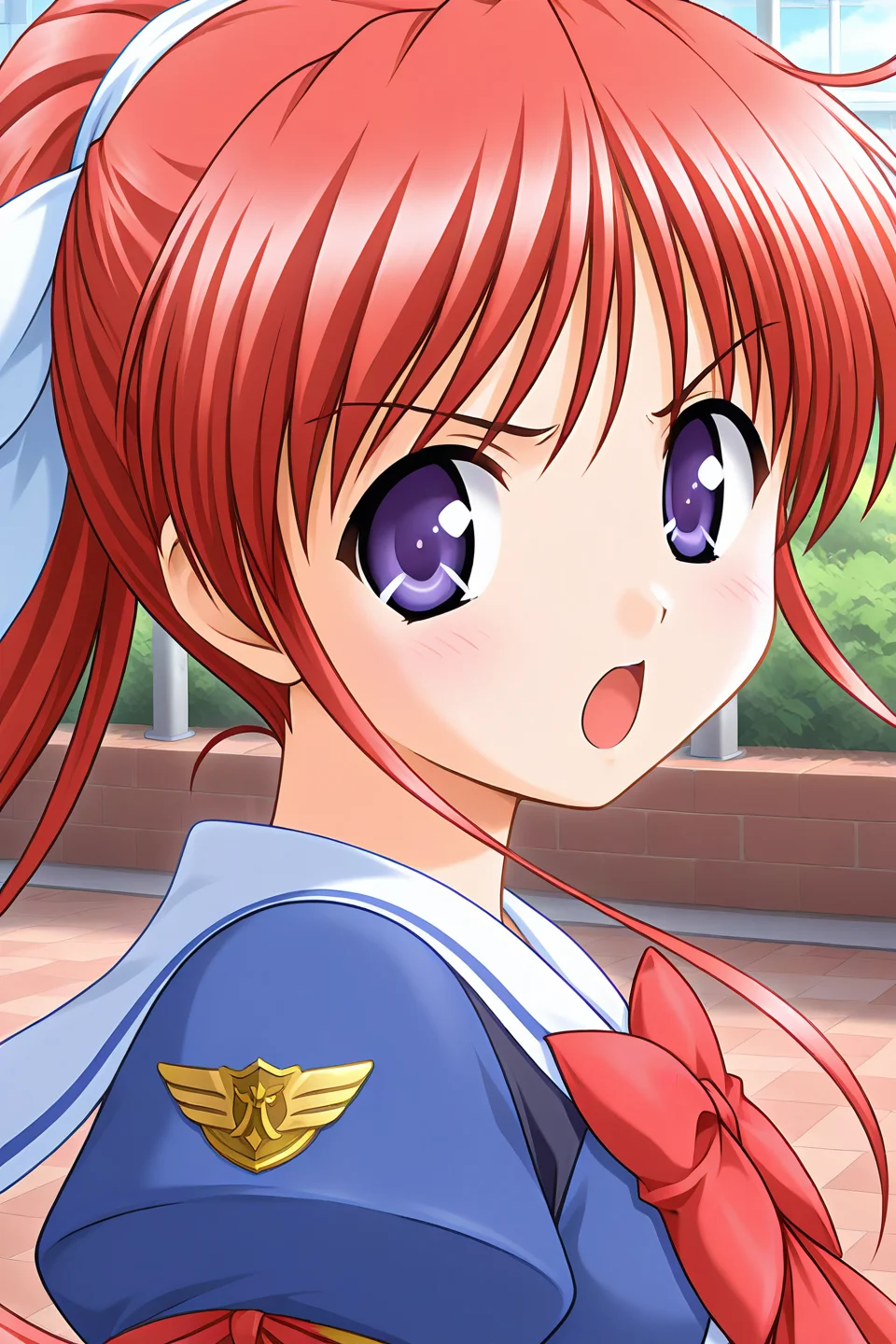 masterpiece, best quality, absurdres, official art, official style, rating general BREAK <lora:amagasakimikoto_IL_v1-2:0.7>, amagasaki mikoto, 1girl, solo, purple eyes, blue eyes, red hair, long hair, ponytail, hair ribbon, white ribbon, medium breasts BREAK school uniform, white sailor collar, blue jacket, crop top jacket, white shirt, red bowtie, long sleeves, juliet sleeves, emblem, arm ribbon, red ribbon, purple vest, buttons, pavement, portrait, close-up,
blush, :o, angry, from side, looking at viewer, looking back, open mouth