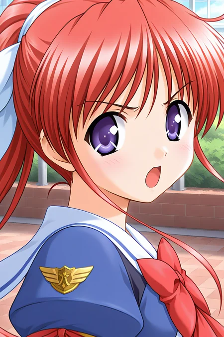 masterpiece, best quality, absurdres, official art, official style, rating general BREAK <lora:amagasakimikoto_IL_v1-2:0.7>, amagasaki mikoto, 1girl, solo, purple eyes, blue eyes, red hair, long hair, ponytail, hair ribbon, white ribbon, medium breasts BREAK school uniform, white sailor collar, blue jacket, crop top jacket, white shirt, red bowtie, long sleeves, juliet sleeves, emblem, arm ribbon, red ribbon, purple vest, buttons, pavement, portrait, close-up,
blush, :o, angry, from side, looking at viewer, looking back, open mouth