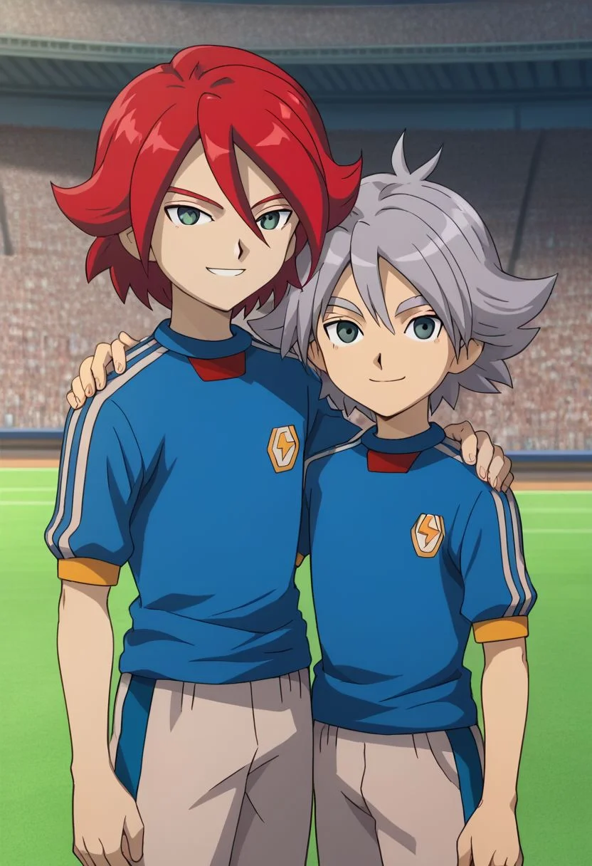 score_9, score_8_up, score_7_up, source_anime, highly detailed, skinny, slender, 2boys,
hiroto2, 1boy, soccer uniform, sportswear, red hair, upper body, tracksuit, smile, BREAK
fubuki2, 1boy, soccer uniform, sportswear, smile, raimon soccer uniform, raimon, grey hair,
standing, hand on shoulder,