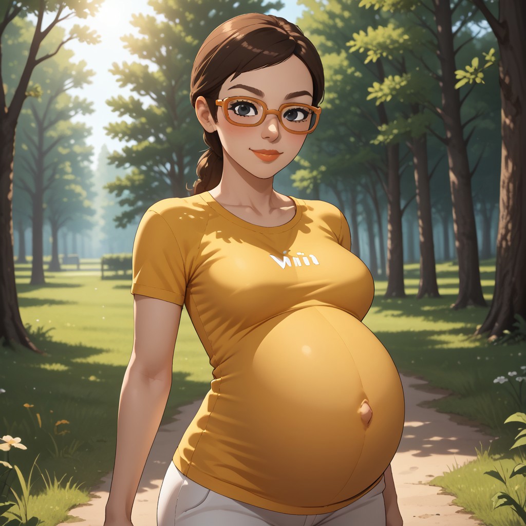 score_9, score_8, BREAK, solo, wii, mii, wii sports, 1girl, female mii, brown hair, orange glasses, black eyes, brown eyebrows, blush, lips, yellow clothing, white pants, cute, shoes, nintendo mii, modern_mii, classic_mii, breasts, Asami_(Wii_Sports), (((pregnant))), adult female, mature female, sexy pose, self portrait, smile, outdoors, sunlight, shadows, evening lighting, natural lighting, forest, trees, grass, orange sky, sunset