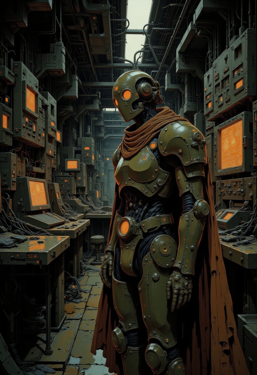 A stylised robot in armour with a cloak stands in a dark room an and looks at the viewer, equipment in the background, security screens, yberpunk styling, African tribal elements