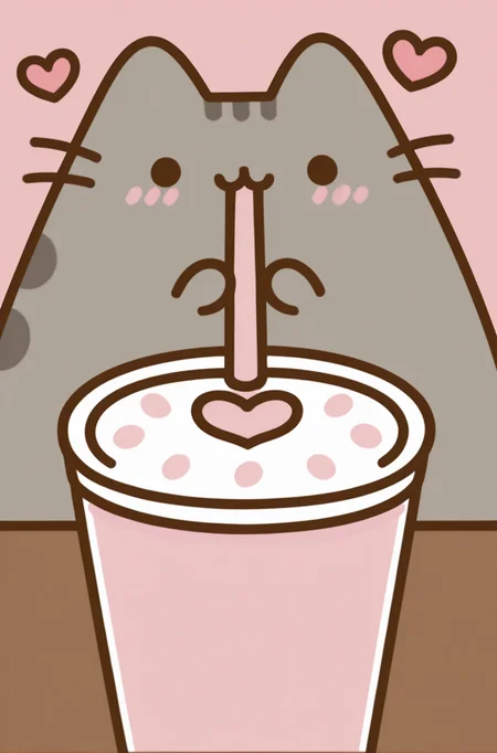 masterpiece, best quality,very aesthetic, Valentine's Day café, sipping a pink milkshake, heart-shaped latte art, cozy and sweet setting, Pusheen <lora:PusheenIXL:1>