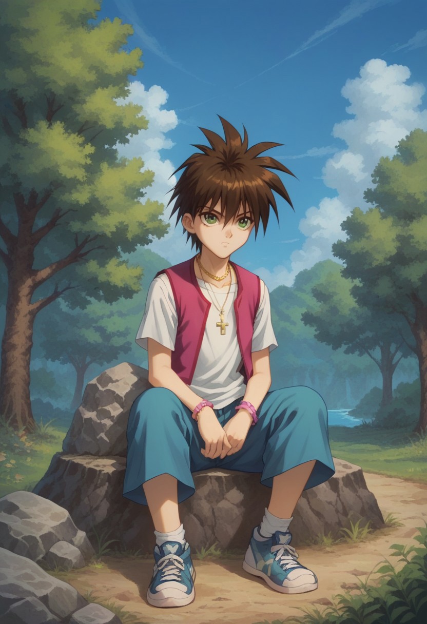score_9, score_8_up, score_7_up, source_anime, highly detailed, 

kaoru, solo, 1boy, male focus, jewelry, necklace, vest, brown hair, spiked hair, green eyes, cross, shirt, shorts, sneakers, frown, cute

outdoor, sky, cloud, trees, rock, sit on rock,