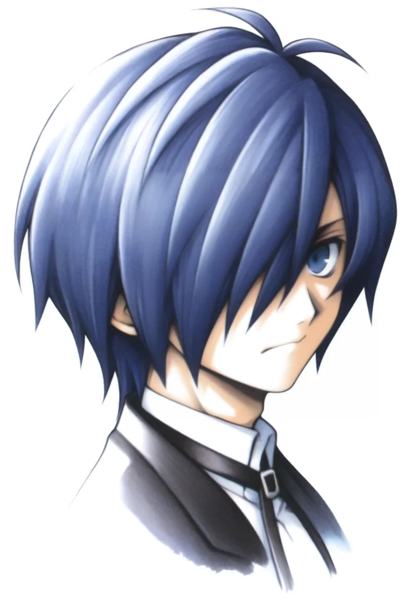 masterpiece, best quality, solo, 1boy, looking at viewer, <lora:FF7-Portraits-illus_Fp:1>, simple background, portrait, white background, yuuki makoto, blue hair, blue eyes, hair over one eye, gekkoukan high school uniform, black neck ribbon,
