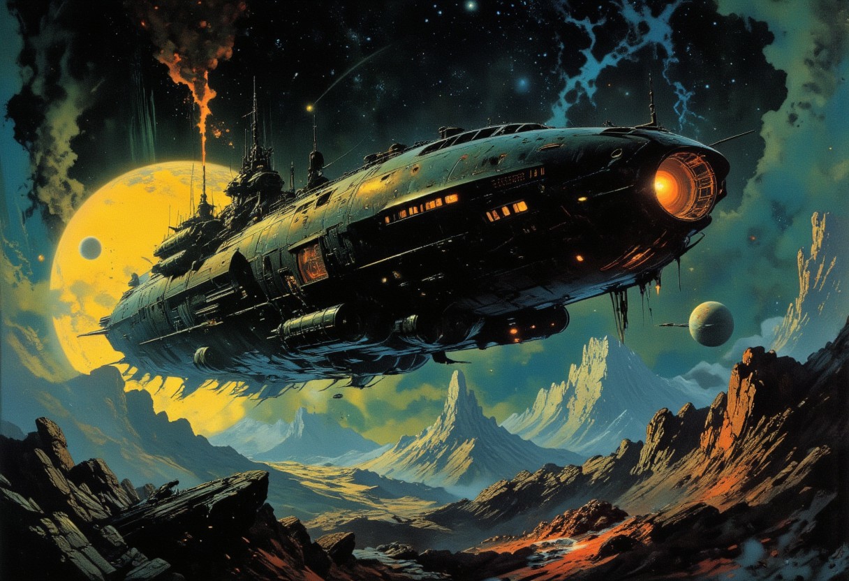 "The Macragge's Honour, an awe-inspiring Gloriana-class battleship of the Ultramarines, majestically drifts through the void, illuminated by the glow of a colossal nearby sun. The sleek, angular design of the massive warship contrasts against the swirling colors of an expansive nebula, casting reflections along its shining metallic hull. In the background, stars twinkle across the infinite darkness, while the faint arcs of planetary rings shimmer in the distance. The ship cuts through space with a commanding presence, its immense cannons and Gothic architecture dwarfing the cosmic scenery around it. The composition is dynamic and cinematic, with HDR lighting that intensifies the vibrant colors of space, the dramatic flares of the nearby sun, and the haunting beauty of the void.unknown space,exploration, best quality,masterpiece,high resolution,award-winning,warhammer 40k universe,mix of dark fantasy and gothic scifi,death metal,dystopian,acid deep rich colors,blue and yellow,glow,gloss,color contrast,dynamic composition