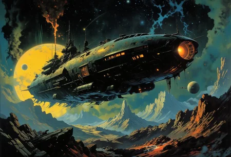 "The Macragge's Honour, an awe-inspiring Gloriana-class battleship of the Ultramarines, majestically drifts through the void, illuminated by the glow of a colossal nearby sun. The sleek, angular design of the massive warship contrasts against the swirling colors of an expansive nebula, casting reflections along its shining metallic hull. In the background, stars twinkle across the infinite darkness, while the faint arcs of planetary rings shimmer in the distance. The ship cuts through space with a commanding presence, its immense cannons and Gothic architecture dwarfing the cosmic scenery around it. The composition is dynamic and cinematic, with HDR lighting that intensifies the vibrant colors of space, the dramatic flares of the nearby sun, and the haunting beauty of the void.unknown space,exploration, best quality,masterpiece,high resolution,award-winning,warhammer 40k universe,mix of dark fantasy and gothic scifi,death metal,dystopian,acid deep rich colors,blue and yellow,glow,gloss,color contrast,dynamic composition