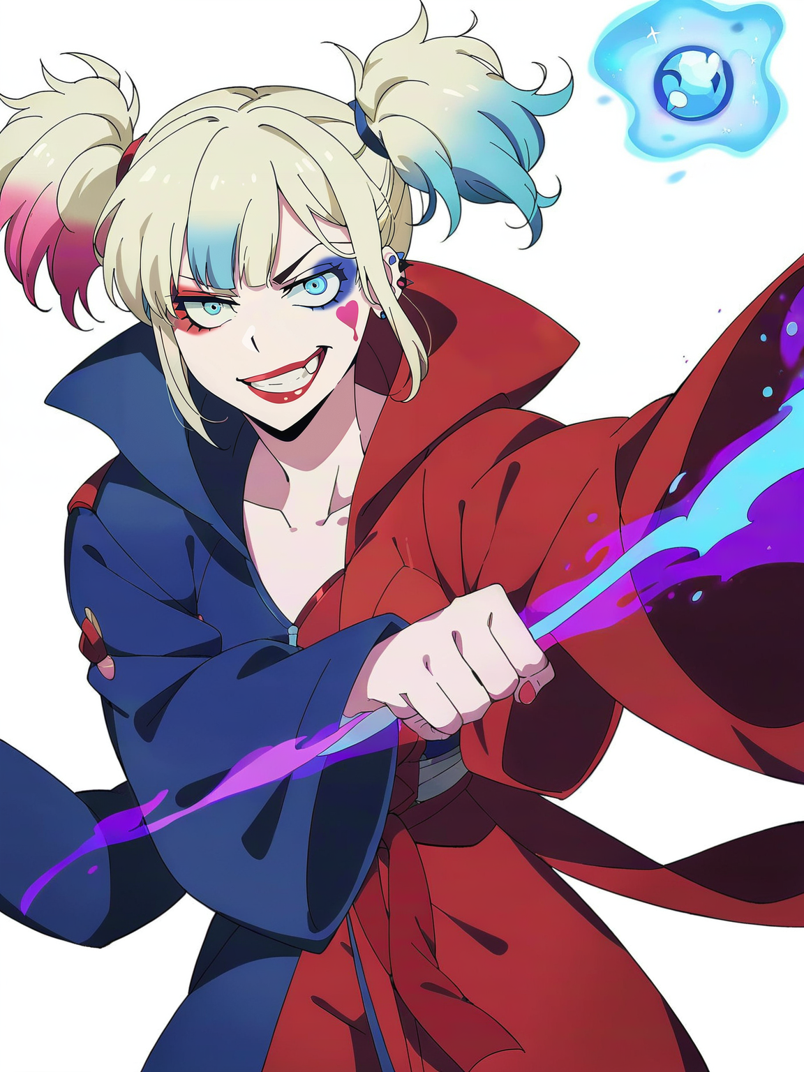 anime_source, <lora:Harley:0.7> h_y, 1girl, pale skin, pinkish red and blue makeup, cyan-colored eyes, heart below right eye, blood red lipstick, blonde hair, pink and blue twintails hair, blue hair streak,
mage, magic, epic pose, magic robe, score_9, score_8_up, score_7_up,