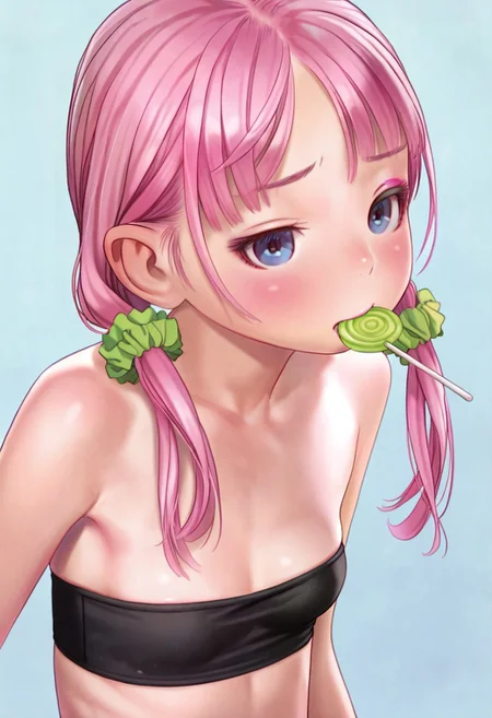 masterpiece, best quality, 1girl, solo, skinny, flat breasts, blue eyes, (pink candy hair, two pigtails), green elastic scrunchie, makeup, blush, black tube top, sucking green lollipop, lollipop in mouth, holding, portrait, blue background,