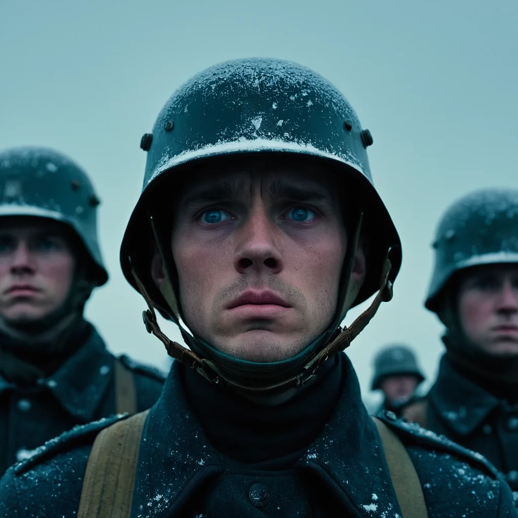 cinematic film still of <lora:shell shock style:1>
A cinematic Kodak Fujifilm picture of a man in a helmet looks into the distance, sharp, detailed, cinematic, sad, depressed, wrinkly, tired, fatigue, unhappy, glum, melancholy, miserable, sorrowful, dejected, disconsolate, downhearted, downcast, realism, realistic, dispirited, desolate, oppressed, panic, fear, Combat stress reaction, shell shock style, blue eyes, hat, male focus, multiple boys, sky, solo focus, 2boys, blurry, military, night, helmet, snow, snowing, looking at viewer, 1boy, outdoors, armor, soldier, mole, uniform, lips, depth of field, military uniform, portrait, combat helmet
, shallow depth of field, vignette, highly detailed, high budget, bokeh, cinemascope, moody, epic, gorgeous, film grain, grainy