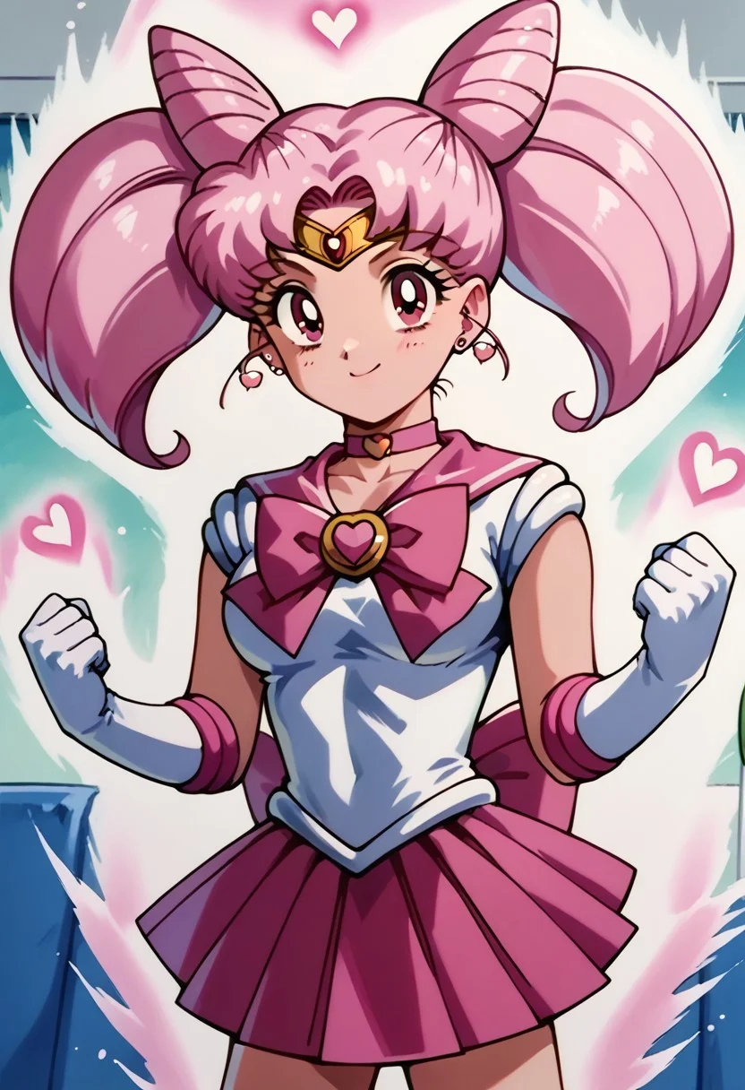 score_9, score_8_up, score_7_up, source_anime, Kipowerup, small ki,glowing energy field, sharp jagged energy waves,energy radiating from skin, white aura,<lora:chibiusa-tsukino-s3-ponyxl-lora-nochekaiser:1>, chibiusa, cone hair bun, double bun, hair bun, hair ornament, pink eyes, pink hair, short hair, twintails, circlet, parted bangs,, bow, brooch, choker, earrings, elbow gloves, gloves, heart, heart brooch, magical girl, pink bow, pink choker, pink sailor collar, pink skirt, pleated skirt, sailor collar, sailor senshi uniform, skirt, stud earrings, white gloves,, indoors, smile, looking at viewer, solo,, cowboy shot, dutch angle